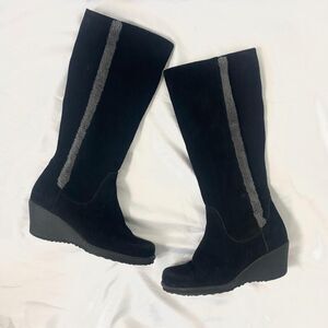 Coldwater Creek Early 2000's Gray Fuzzy Black Suede Wedge Boots US 6.5